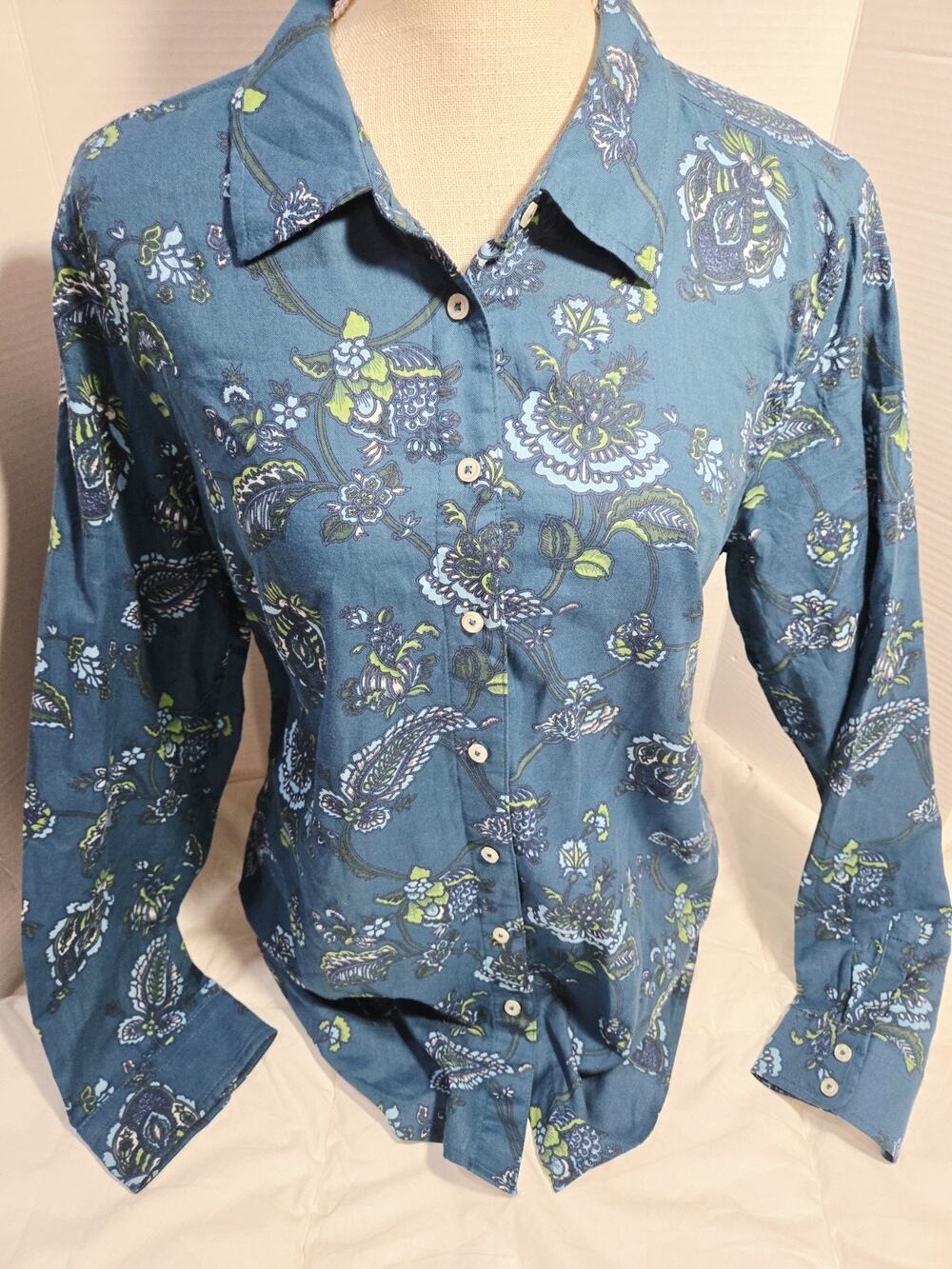 Talbots L Cotton Button Down Blouse Botanical Garden Blue Floral Long Sleeve